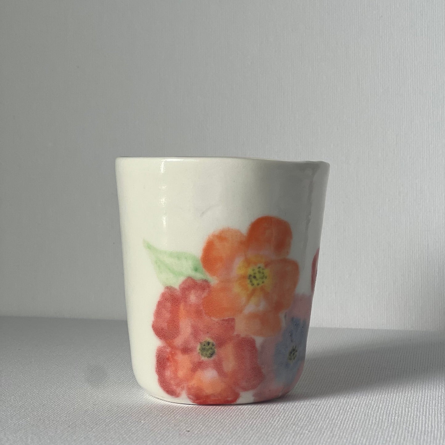 Handpainted Porcelain Flower Coffee Cup - Orange Pink and Red