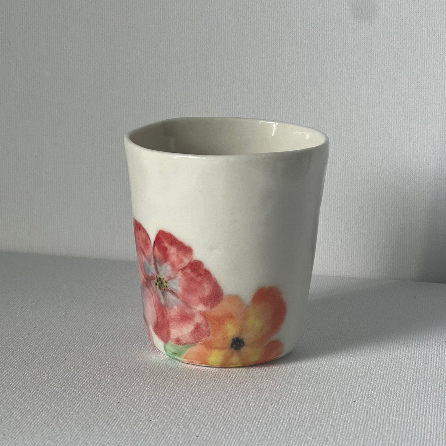 Handpainted Porcelain Flower Coffee Cup - Orange Pink and Red