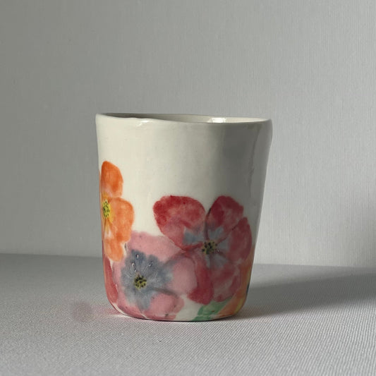 Handpainted Porcelain Flower Coffee Cup - Orange Pink and Red