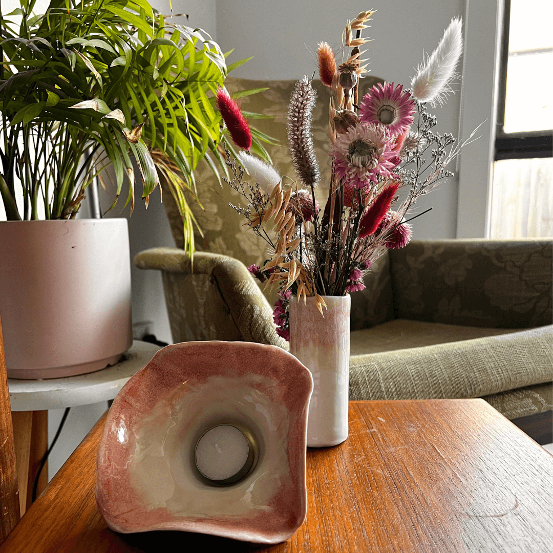 Flower Vase and Tealight Candle Pink Petal